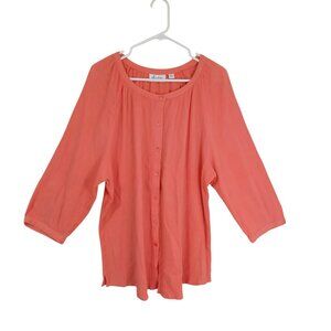 D&Co Blouse Coral Button-Front 3/4 Sleeve Womens Size 1X 100% Cotton Lightweight
